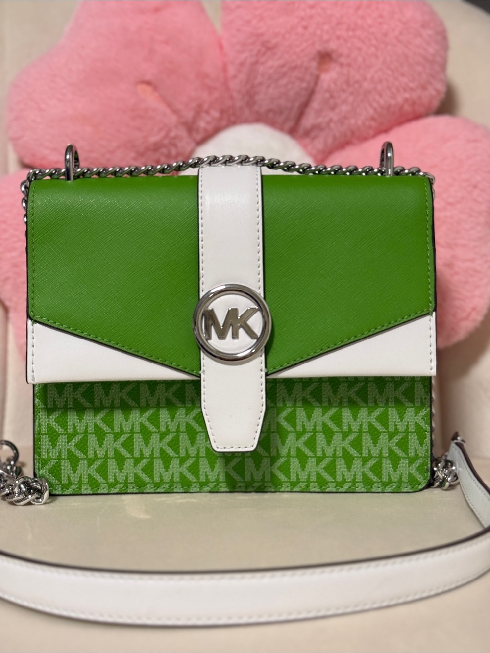 Michael Kors Green & White MK Logo Chain Crossbody
